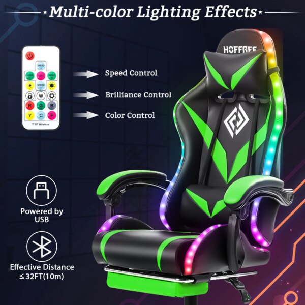 Gaming Chair with PVC Leather LED Light Massage Swivel Ergonomic Reclining Office Chair Height Adjustable Headrest Lumbar Suppor - Image 2