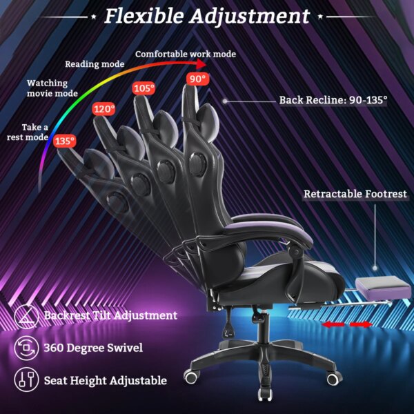 Gaming Chair with PVC Leather LED Light Massage Swivel Ergonomic Reclining Office Chair Height Adjustable Headrest Lumbar Suppor - Image 4