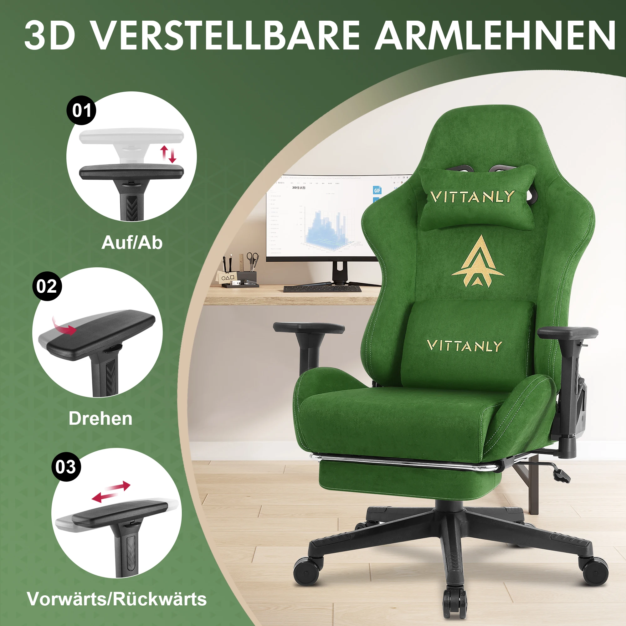 New Massage Gaming Chair Green Gaming Chair with Foot Pedal and Massage Lumbar Pillow Ergonomic Gaming Chair Suede Leather Chair