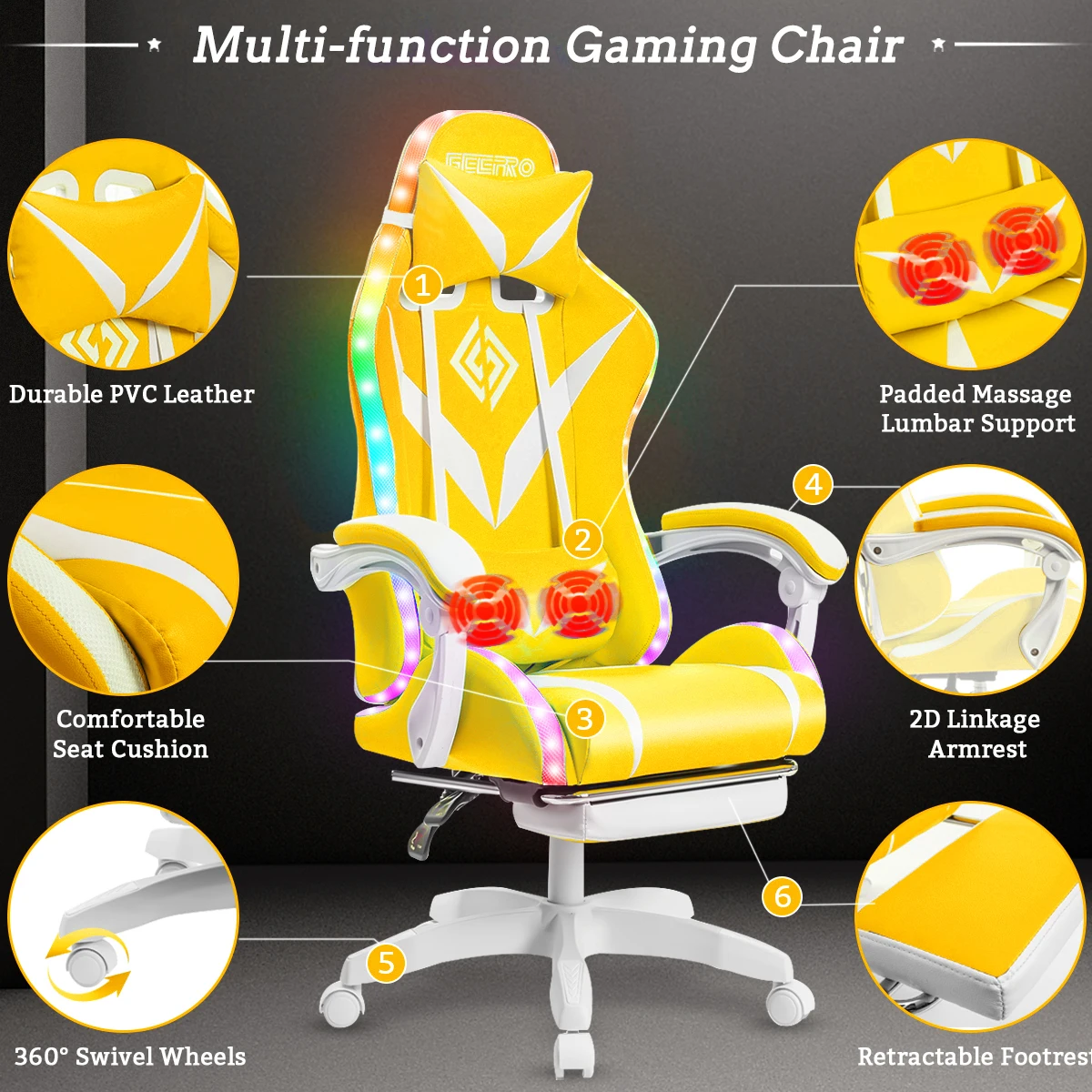 Hoffree Massage Gaming Chair Footrest Swivel Ergonomic Racing Computer Office Chair With LED bluetooth Speaker