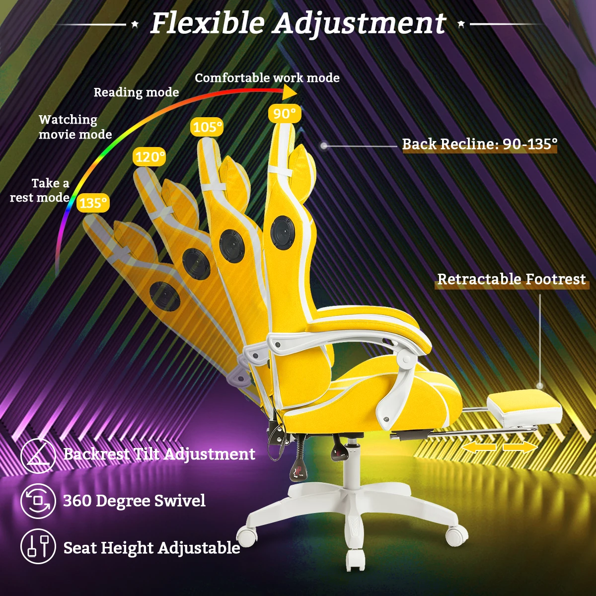 Hoffree Massage Gaming Chair Footrest Swivel Ergonomic Racing Computer Office Chair With LED bluetooth Speaker