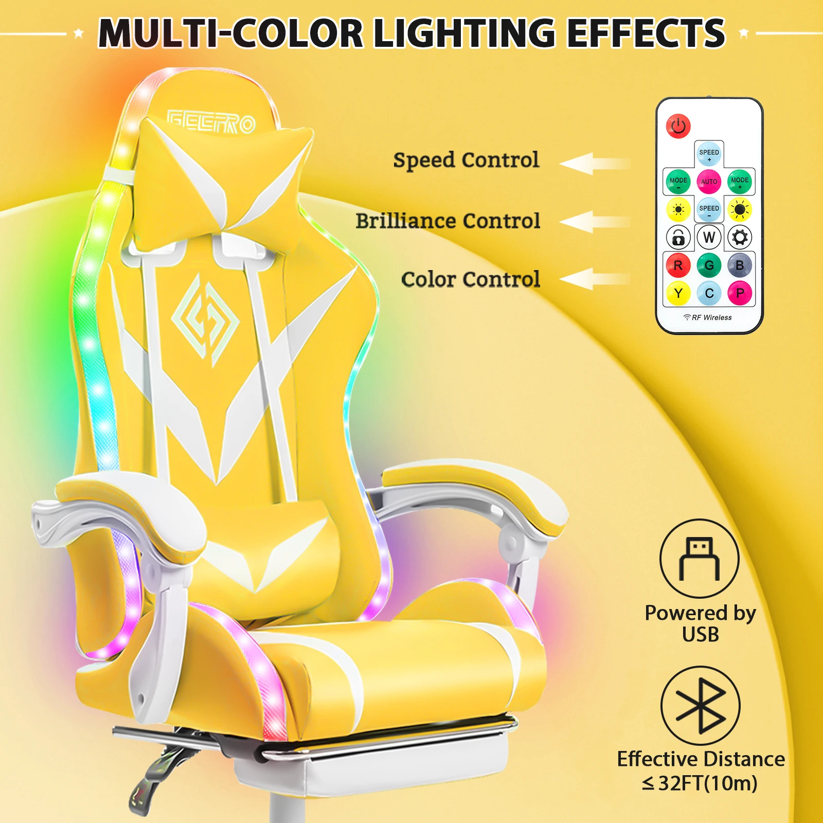 Hoffree Massage Gaming Chair Footrest Swivel Ergonomic Racing Computer Office Chair With LED bluetooth Speaker