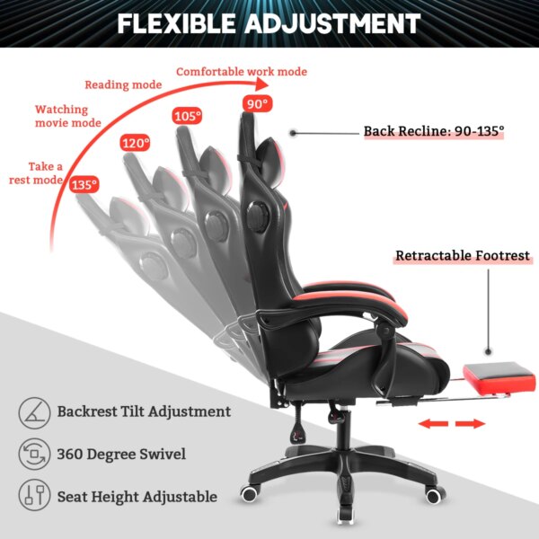 Hoffree Massage Gaming Chair Footrest Swivel Ergonomic Racing Computer Office Chair With LED bluetooth Speaker - Image 3