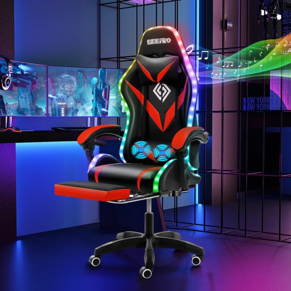 Hoffree Massage Gaming Chair Footrest Swivel Ergonomic Racing Computer Office Chair With LED bluetooth Speaker