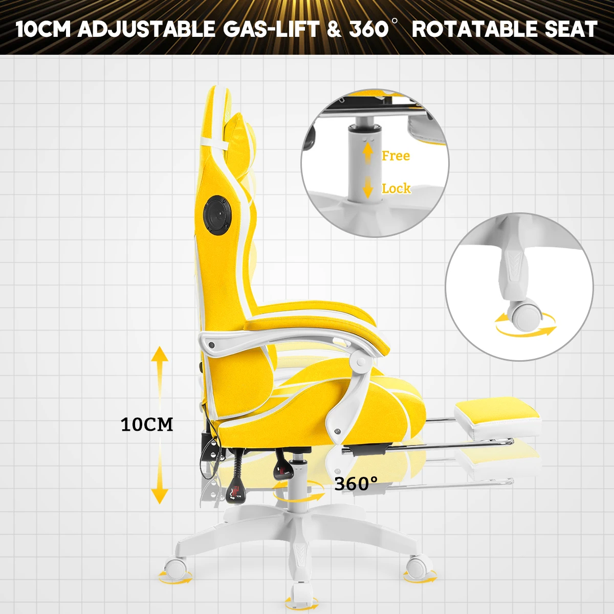 Hoffree Massage Gaming Chair Footrest Swivel Ergonomic Racing Computer Office Chair With LED bluetooth Speaker