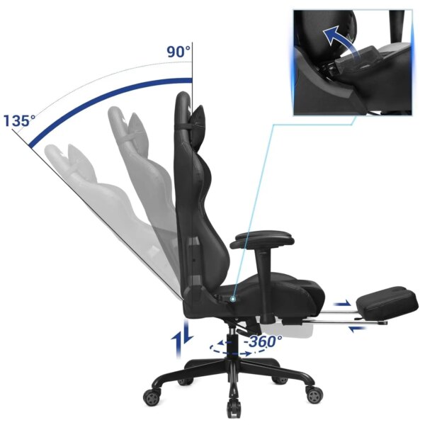 SONGMICS Gaming Chair:Ergonomic Racing Chair,360° Swivel with Footrest, Headrest,Lumbar Cushion.High Backrest,Adjustable Height - Image 3