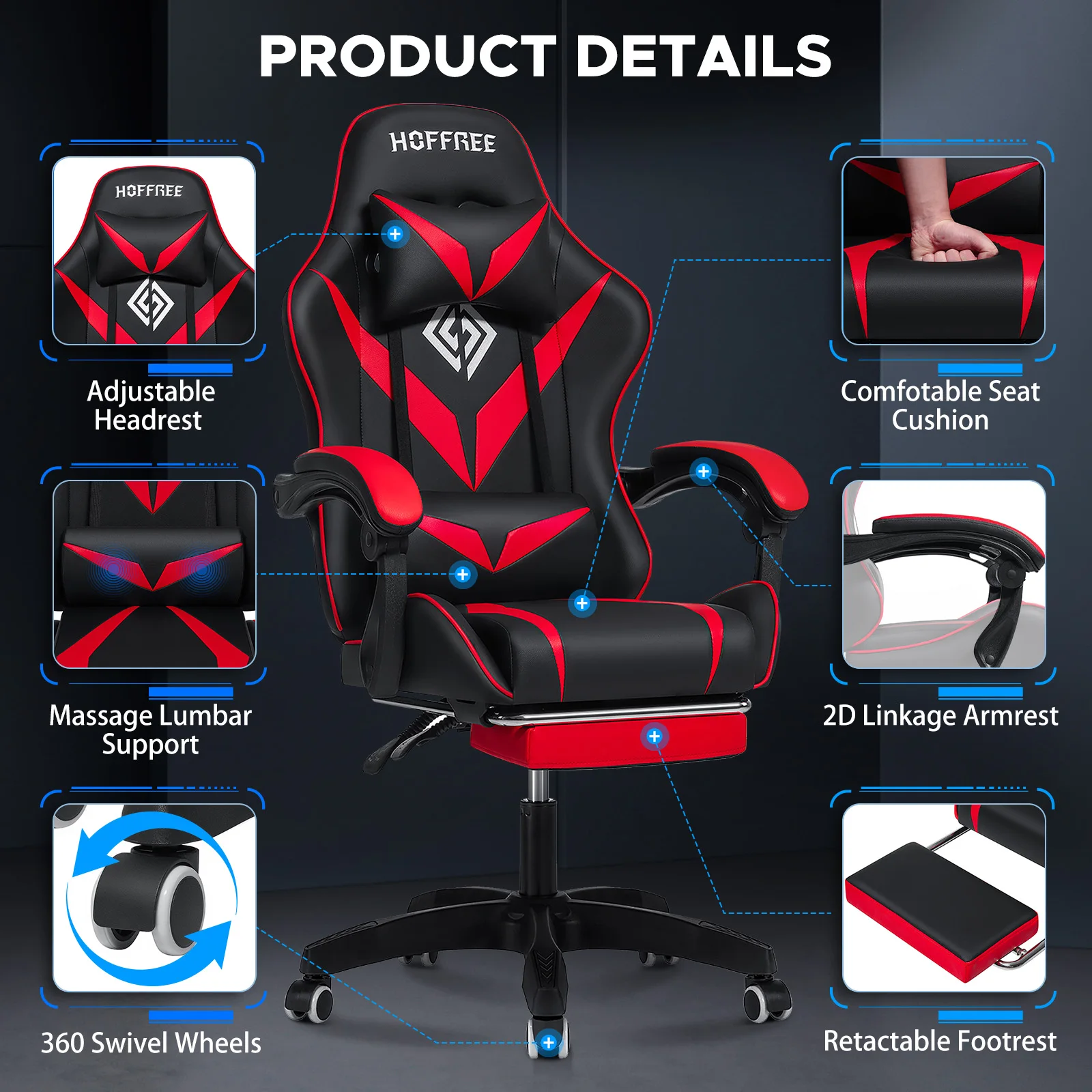 Gaming Chair Office Chair Massage Racing Computer Desk Chairs Headrest Ergonomic Massage Lumbar Support High Back Adjustable