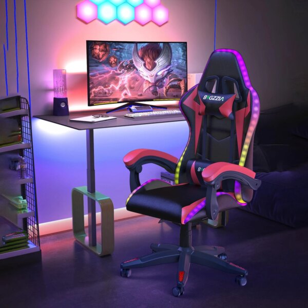 RGB Gaming Chair with LED Lights and Ergonomic Computer Chair Reclining PU Leather High Back Video Office Chair with Headrest