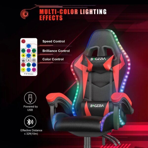 RGB Gaming Chair with LED Lights and Ergonomic Computer Chair Reclining PU Leather High Back Video Office Chair with Headrest - Image 3