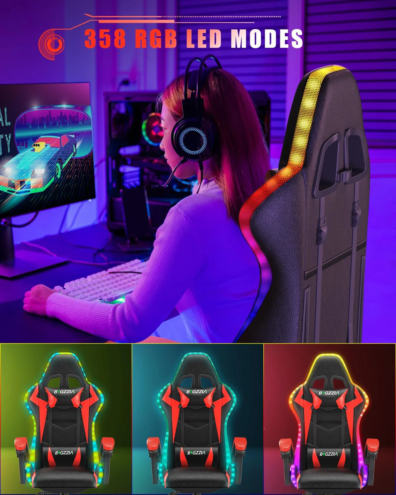 RGB Gaming Chair with LED Lights and Ergonomic Computer Chair Reclining PU Leather High Back Video Office Chair with Headrest