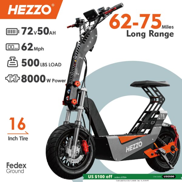 HEZZO F8 Electric Scooter 16 Inch Foldable 72v 8000W 62.5MPH 50Ah Long Range Off Road Escooter Motorbike With Seat US Warehouse