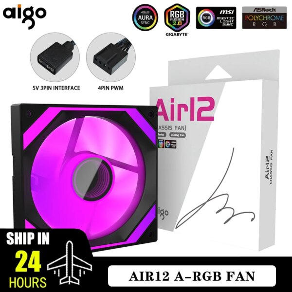 Aigo AIR12 Computer Case Fan Ventoinha PC 120mm RGB Fan 4pin PWM CPU Cooling Fan 3pin5v Unlimited Space Argb 12cm Ventilador