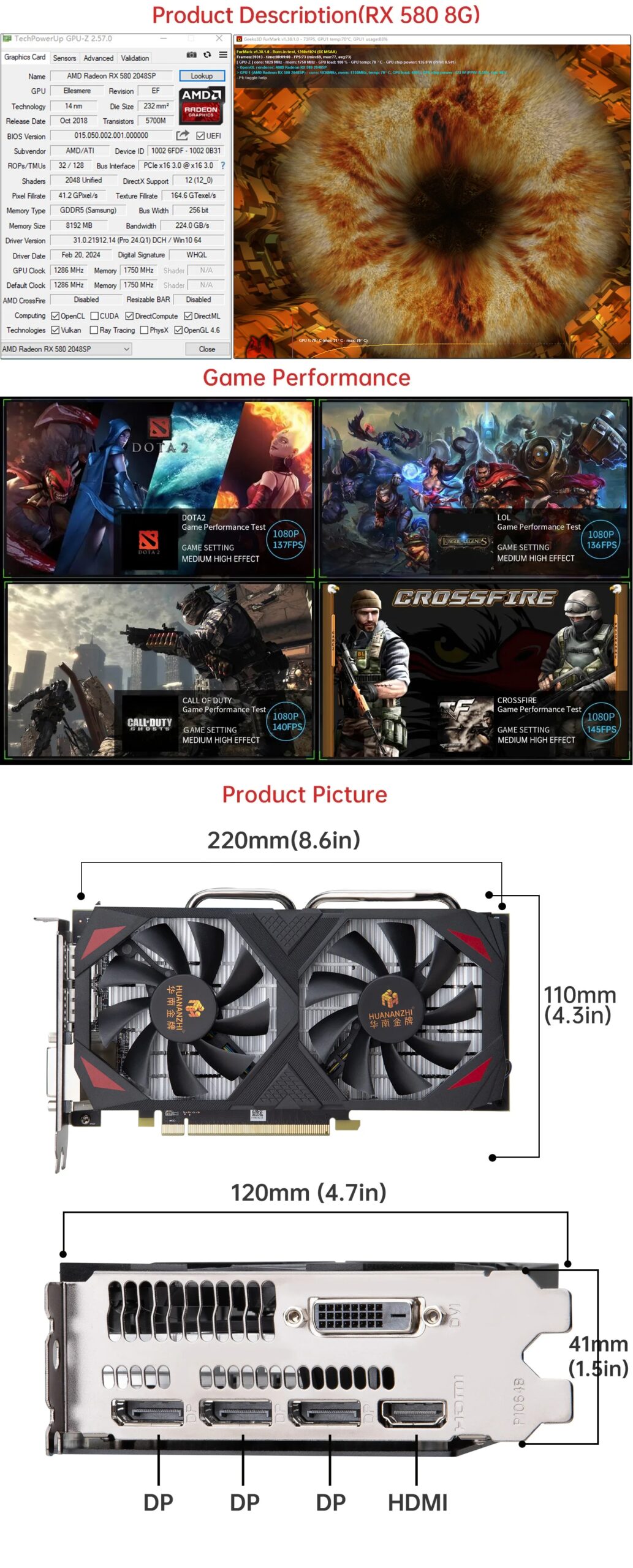 HUANANZHI RX 580 8G 16G 2048SP Graphics Cards 256Bit GDDR5 HDMI-Compatible DP DVI GPU RX580 8G Video Card