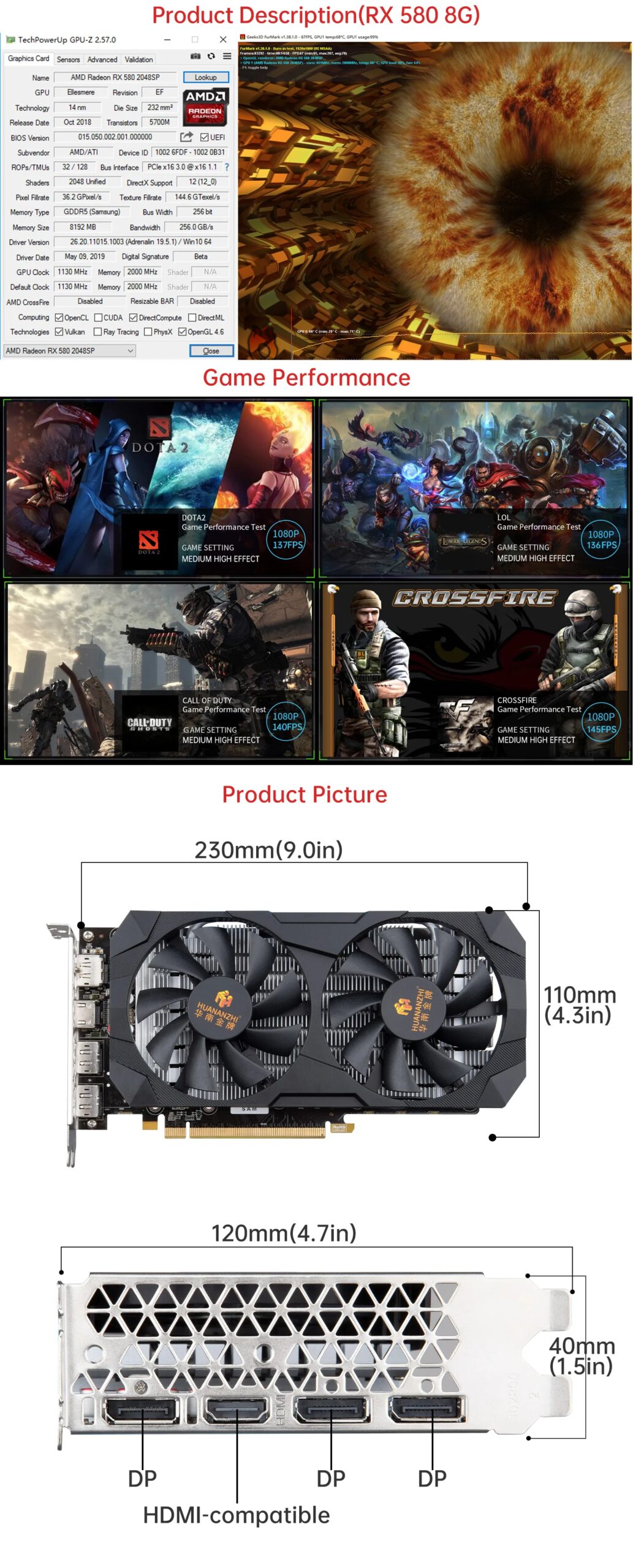 HUANANZHI RX 580 8G 16G 2048SP Graphics Cards 256Bit GDDR5 HDMI-Compatible DP DVI GPU RX580 8G Video Card