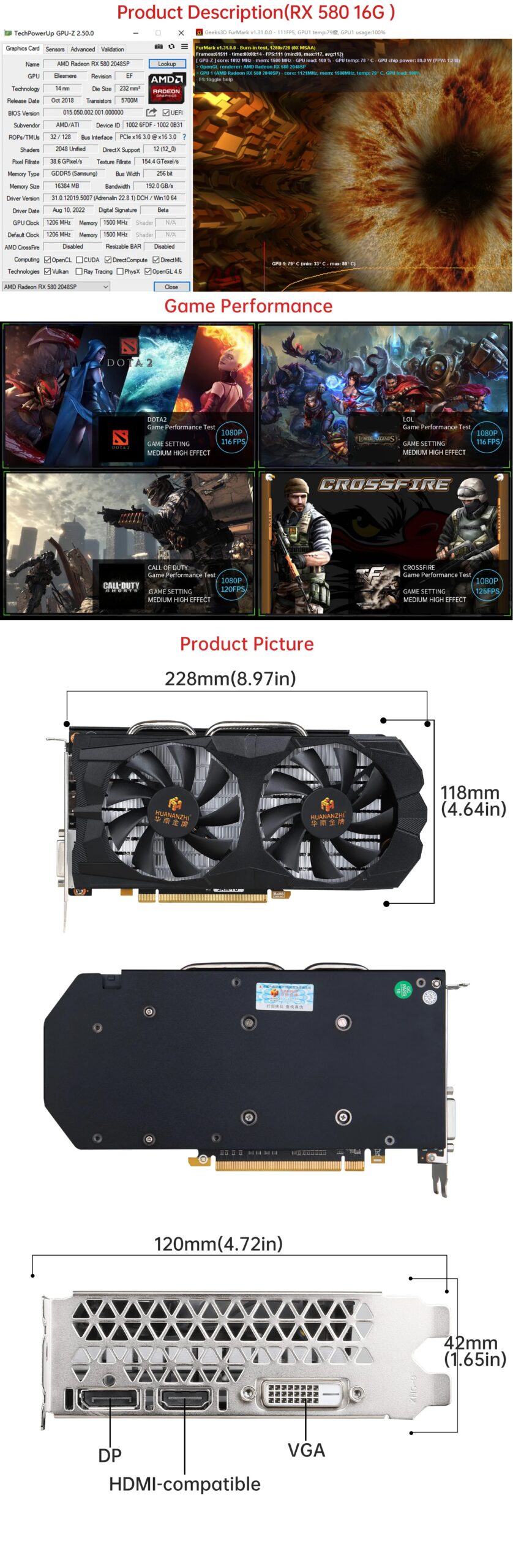 HUANANZHI RX 580 8G 16G 2048SP Graphics Cards 256Bit GDDR5 HDMI-Compatible DP DVI GPU RX580 8G Video Card