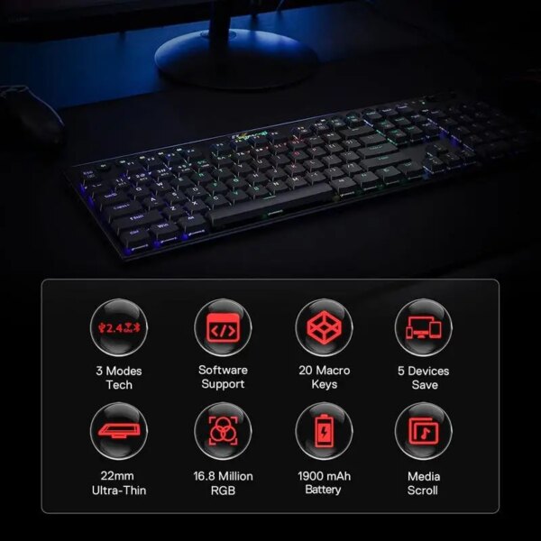 Redragon K618 Horus Wireless RGB Mechanical Keyboard, Bluetooth/2.4Ghz/Wired Tri-Mode Low Profile Gaming Keyboards - Image 6