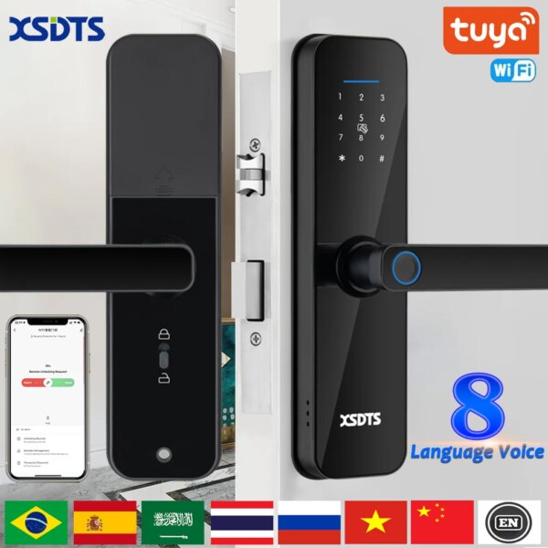 Tuya Wifi Electronic Smart Door Lock With Biometric Fingerprint / Smart Card / Password / Key Unlock/ USB Emergency Charge