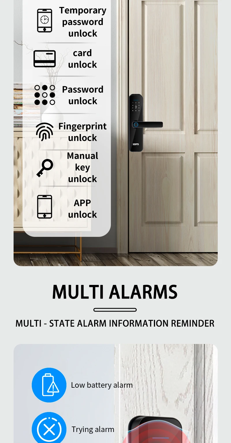 Tuya Wifi Electronic Smart Door Lock With Biometric Fingerprint / Smart Card / Password / Key Unlock/ USB Emergency Charge