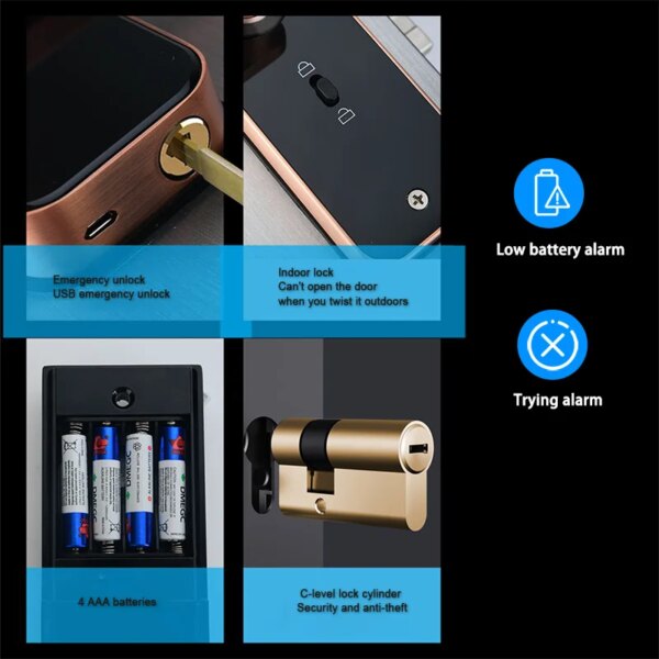 Tuya Wifi Electronic Smart Door Lock With Biometric Fingerprint / Smart Card / Password / Key Unlock/ USB Emergency Charge - Image 5