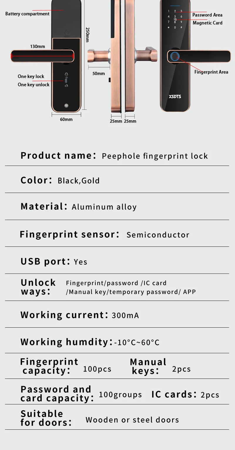 Tuya Wifi Electronic Smart Door Lock With Biometric Fingerprint / Smart Card / Password / Key Unlock/ USB Emergency Charge