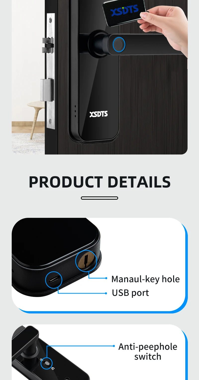 Tuya Wifi Electronic Smart Door Lock With Biometric Fingerprint / Smart Card / Password / Key Unlock/ USB Emergency Charge