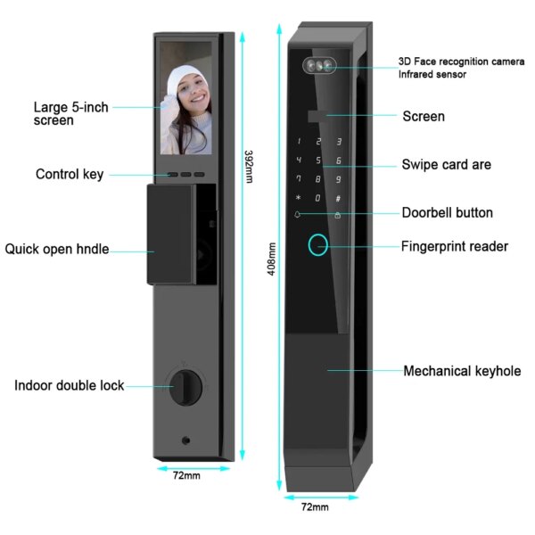 Tuya App Control Smart Lock with 3D Face Recognition Video Intercom Wi-Fi Remote Unlock Fingerprint Door Lock 2 Battery - Image 2