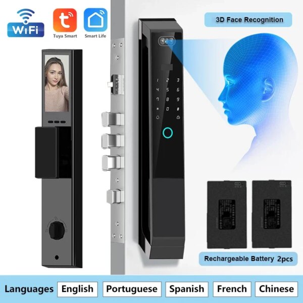 Tuya App Control Smart Lock with 3D Face Recognition Video Intercom Wi-Fi Remote Unlock Fingerprint Door Lock 2 Battery