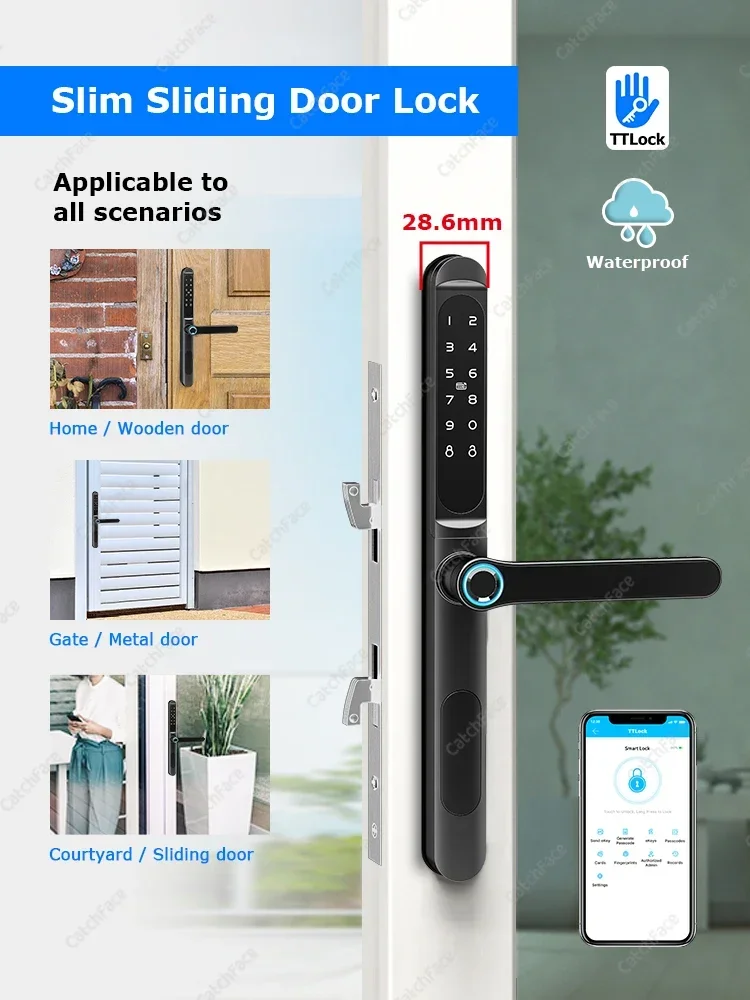 Waterproof TTLock Outdoor Gate Fingerprint Bluetooth APP RFID Code Keyless Electronic Smart Door Lock for Glass Aluminum Sliding