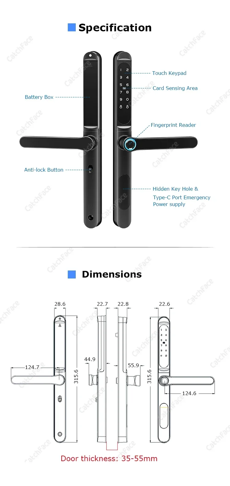 Waterproof TTLock Outdoor Gate Fingerprint Bluetooth APP RFID Code Keyless Electronic Smart Door Lock for Glass Aluminum Sliding